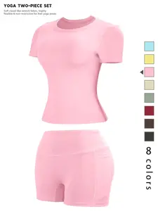 Women's Two-Piece Set, High-Waisted Tight-Fit Shorts & Pure Color T-Shirt, Breathable Quick-Dry Sports Wear Workout Set for Yoga Gym Summer