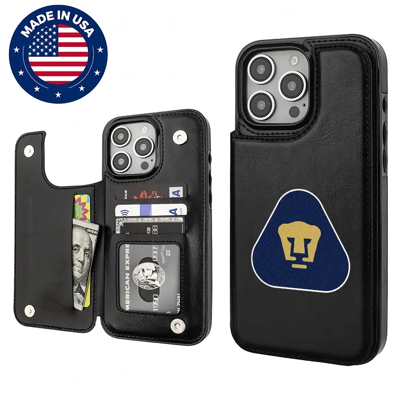 Liga MX Vintage Pumas Art Protective Custom Phone Case - TPU & PU Leather Card Holder, Aesthetic Design, Shockproof Drop Protection, Anti-Scratch Accessory for iPhone 16/15/15 Plus/14/13/12 Plus Pro Max