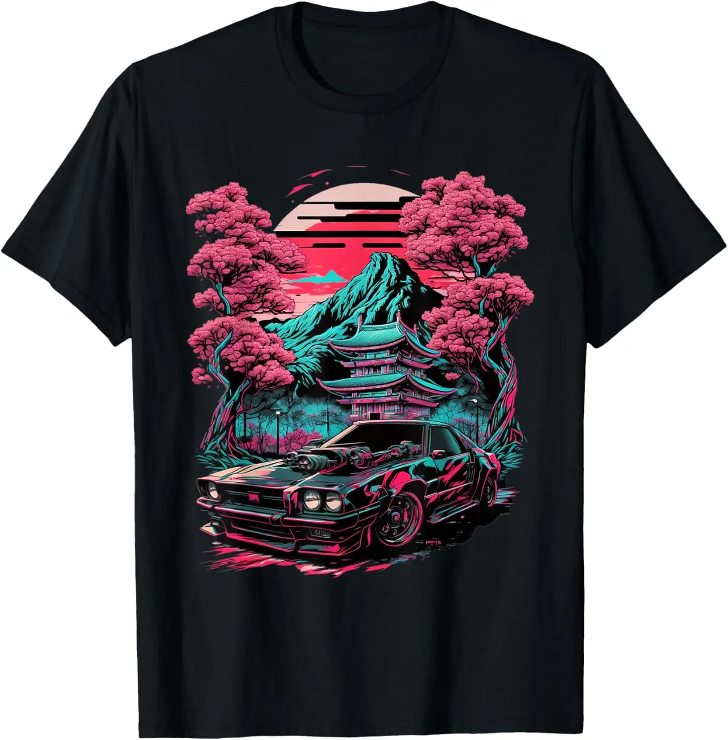 Women's T-Shirt with Vintage Japanese Car & Cherry Blossom Graphic, 100% Cotton Distressed Short Sleeve Streetwear Tee, Shortsleeve, Tshirt