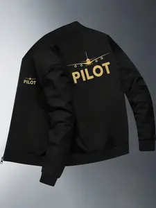 Men's Pilot Jacket Coat, Pilot Letter Print, Zipper Stand Collar, Polyester, Casual & Formal Wear