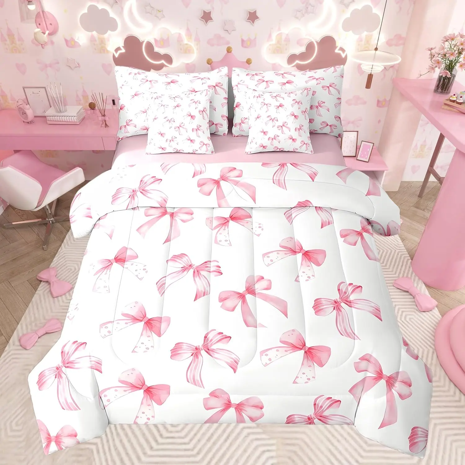 Feelyou 7-Piece Microfiber Bedding Set - Multi-Size Queen Option, Princess Room Dream Room Essential, Pink Comforter Bed-in-a-Bag with Bow, Breathable Soft Printed Blanket, Bedsheets, Pillowcases for Kids' Bedtime