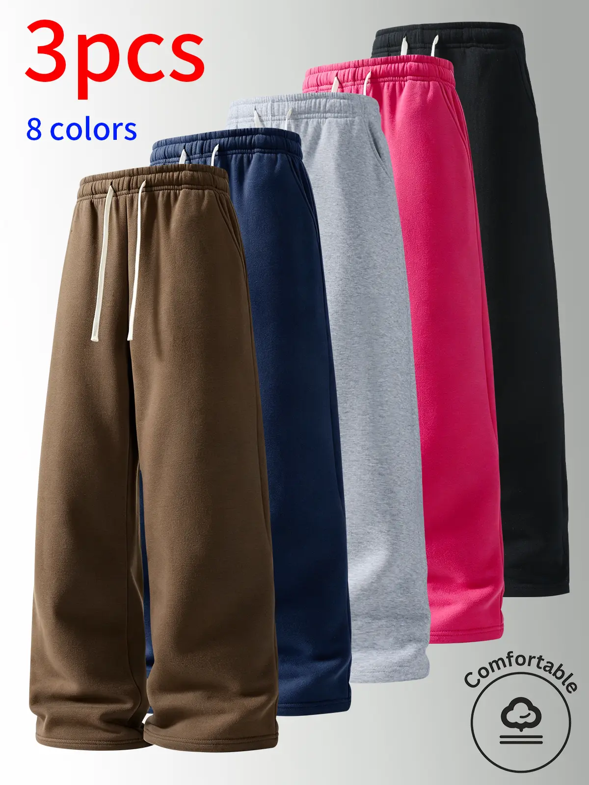 3-pack men’s long pants—casual athletic joggers with a drawstring waistband and a loose, straight cut. Available in multiple colors with a simple, versatile solid design. Suitable for daily commuting, outdoor activities, and holiday travel; unisex—can be