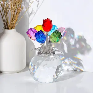 Handmade Rainbow Rose Crystal Figurine with Vase - Office & Home Table Decor, Collectible Bouquet Ornament Gift for Women (Valentine's Day, Wedding Anniversary) perfect valentine