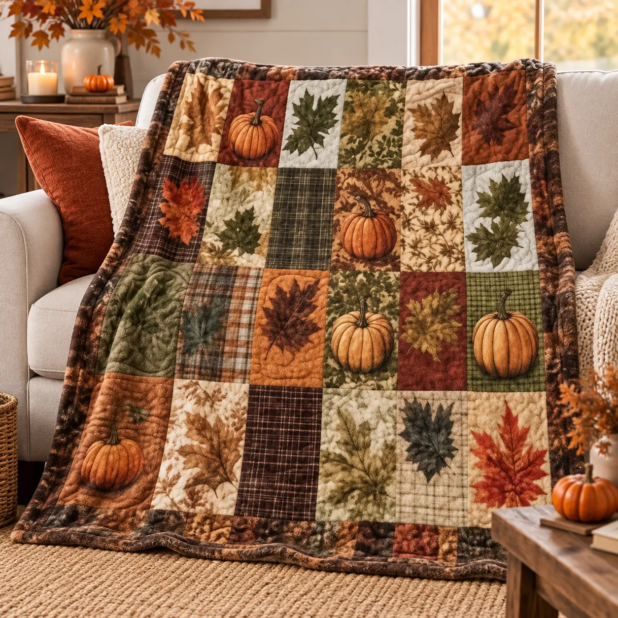 Fall Throw Blanket - Multi-Size Cozy Soft Fleece Blanket with Pumpkin Leaf Patchwork Pattern, Lightweight Warmth for Couch, Living Room Decor, Home & Travel, Autumn Thanksgiving Christmas Gift