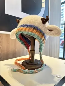Women's Christmas Deer Antler Plush Hat, Warm Knitted Ear Protection Cap, Cute Winter Accessory, Random Color Brim and Strap, Knit Hats