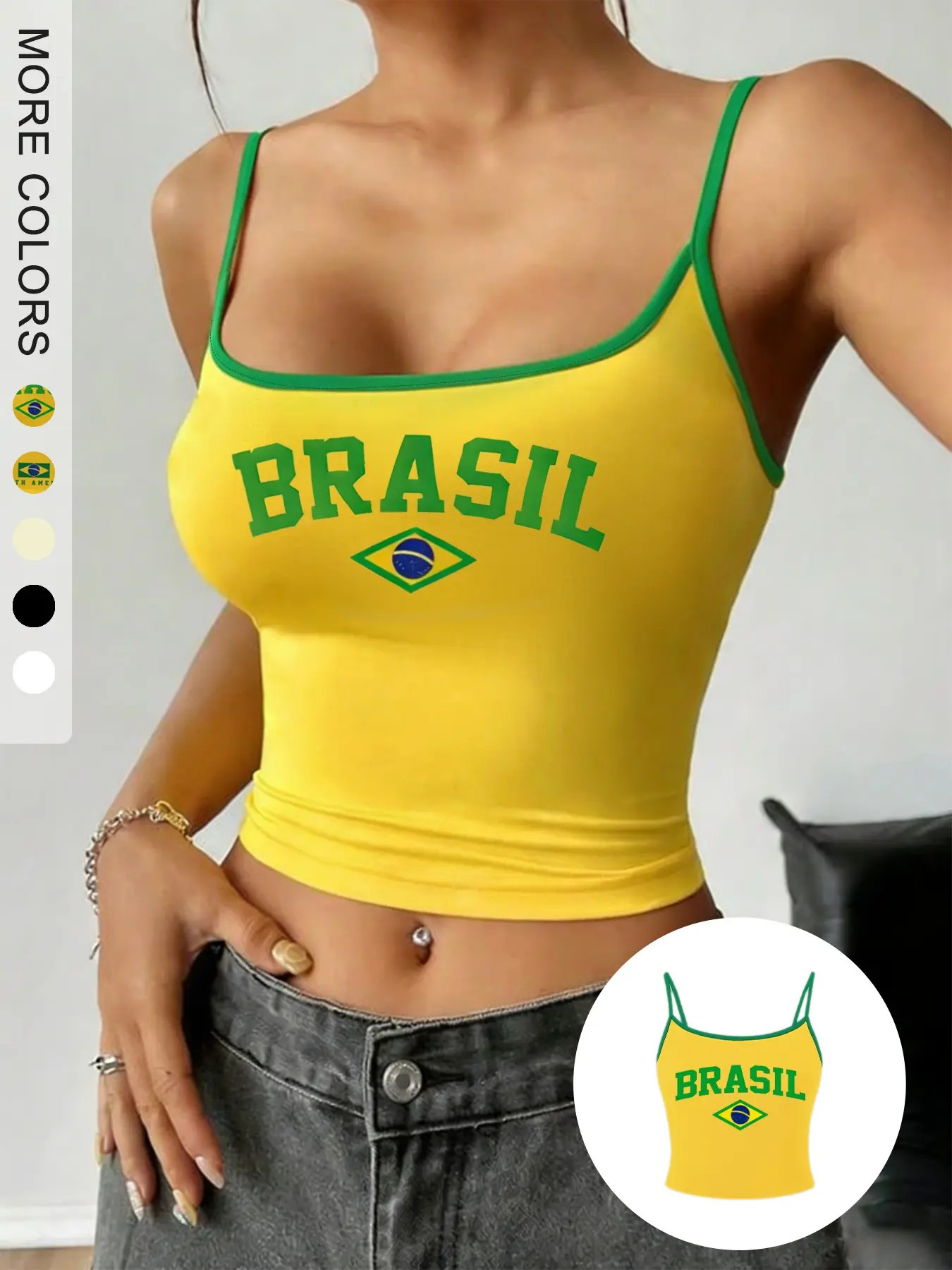 Women's Brazil Flag Geometric Print Short Spaghetti Strap Tank Top, Trim, Sleeveless, Casual Summer Streetwear for Football Fans and Beach