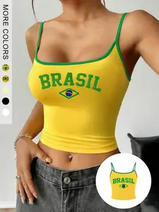 Women's Brazil Flag Print Short Tank Top, Trim, Fit, Casual Summer Streetwear for Football Fans and Beach