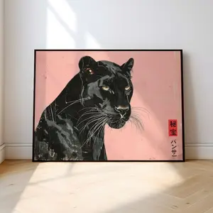 Japanese Black Panther Art Print, Ukiyo Woodblock Style Poster, Japanese Wall Art Pink Background