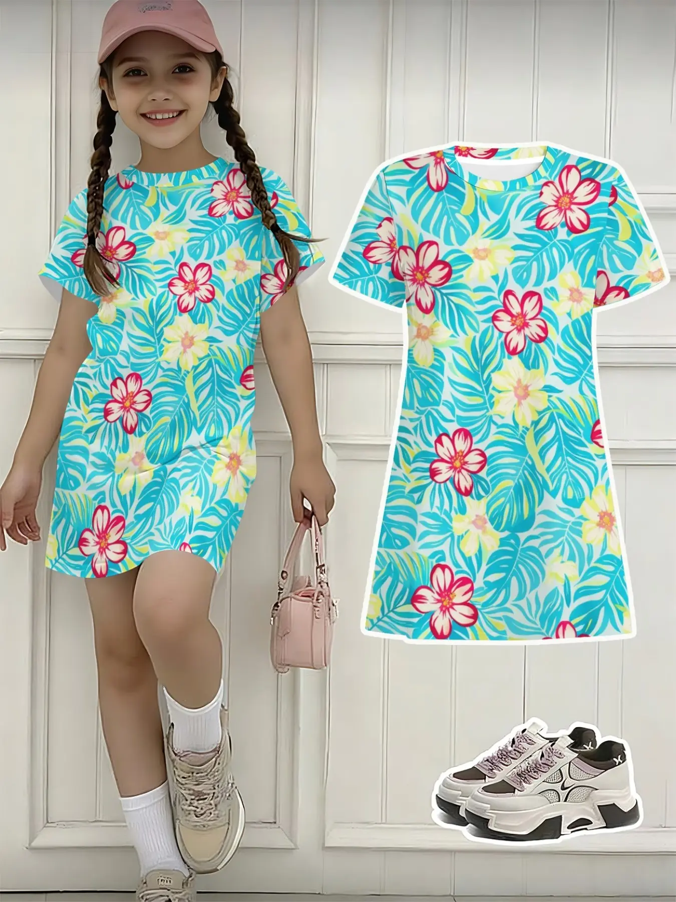 Short Sleeve Dress, Graphic Print, Casual Loose-Fitting, Summer, Pair with Sports Shoes, Girls' Fashion, Dress Teen, Summer Printed Dress, Dresses For Summer