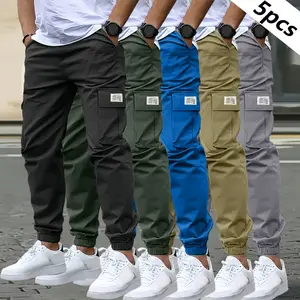 5-Pack - Men's Casual Work Pants with Drawstring Waistband, Multi-Pocket Design, Regular Fit, Suitable for Casual, Formal, and Everyday Wear, Travel & Camping - All-Season Outdoor Pants
