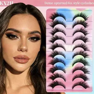 3D Fox Eye False Eyelashes, 10 Pairs, Multi-Layer Dense Water-Fox Style at the Outer Corners, Realistic Curled Upward Style, Color Gradient Tray, Fluffy and Soft, Comfortable for Upper Eyes, One-Piece False Eyelashes