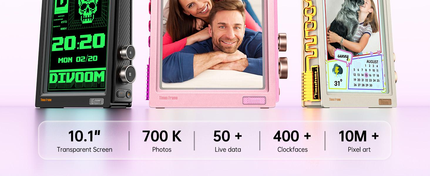 Divoom Times Frame 10.1in Pink Smart Desk Display - WiFi Digital Photo Frame with Transparent IPS Screen, 64GB Storage, Adjustable Color Changing RGB Ambient Light, Pixel Art, Remote Photo Sharing, Modern Decor for Cool Room Decor BackToSchool, Colorful,,