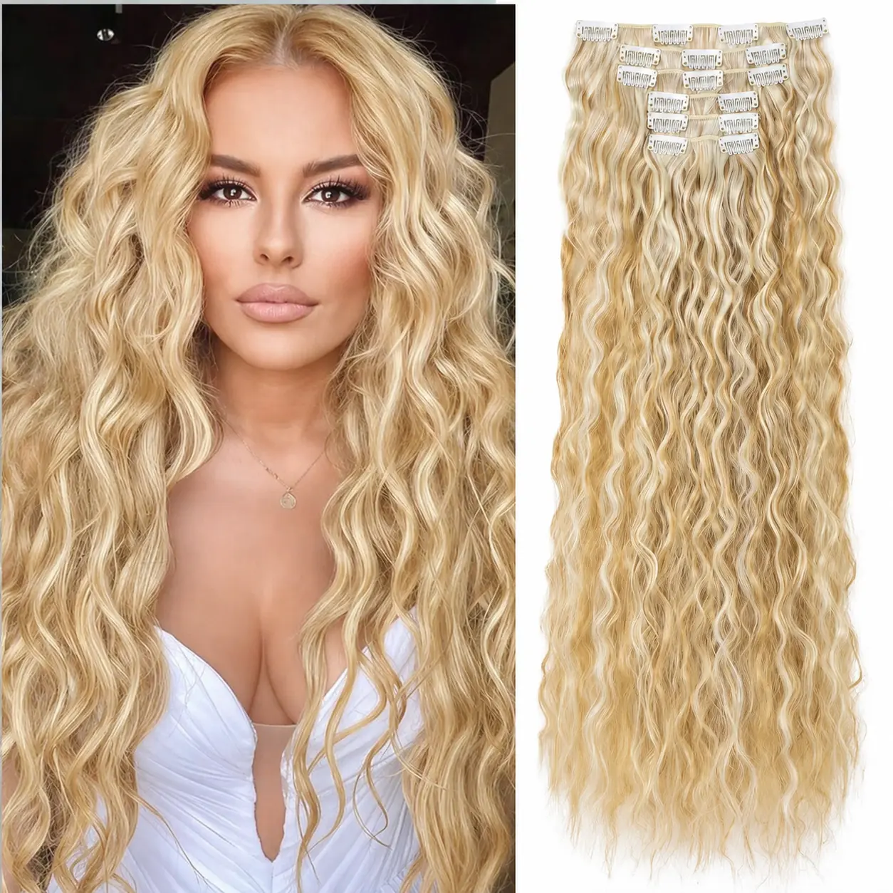 Women's Clip in Hair Extensions, 6Pcs 150g Thick Double Weft 24in Invisible Seamless Wavy Curly Synthetic Extensions & Pieces, Bohemian Soft Blendable Hair for Daily Volume Enhancement, Wavy Curly Hair, Clip Hair Extensions