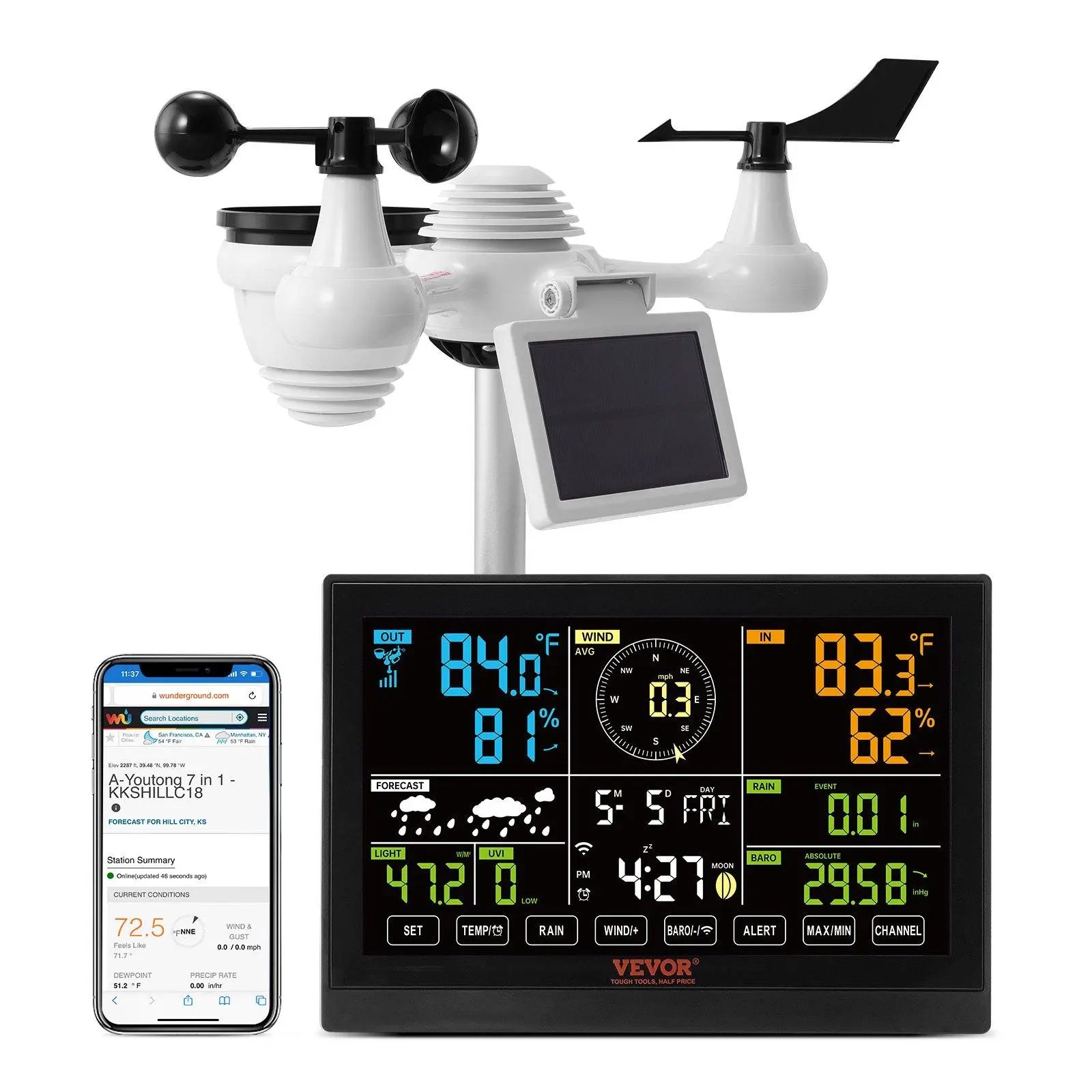 【summerfinds】VEVOR 7-in-1 Wi-Fi Weather Station, 7.5 in Color Display, 100 x 70 mm/4 x 3 in Size, Solar Panel & Battery-Powered Wireless Indoor Outdoor Unit, Alarm Alerts for Temp, Humidity, Wind Speed/Direction, Rain, Batteries
