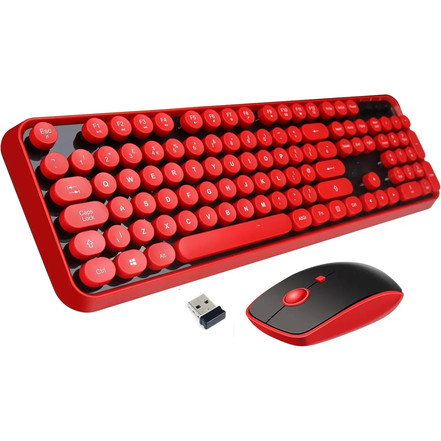 Keyboard and  Combo, 104  Full-Sized 2.4 GHz Round Keycap Colorful Keyboards, USB Receiver Plug and Play, for Windows, , PC, Laptop, Desktop (Black Red)