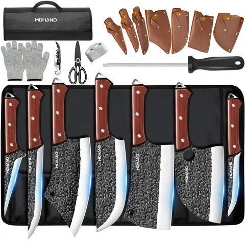 MDHAND 14pcs Set-a Kitchenware 14pc Cooking Kit - Ergonomic Handles, Non-Stick High Carbon Stainless Steel Blades, Utensils, Sharpening Rod, Cut-Resist Gloves, Hammer Pattern, Bottle Opener, Artisan Handcrafted, Ideal Gift for Meat Chopping