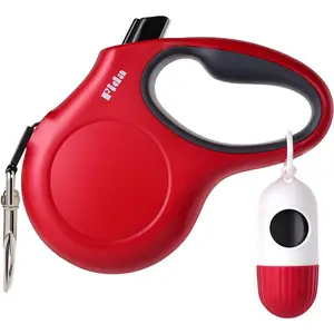 Retractable Dog Leash with Dispenser and Poop Bags, 16 Ft Pet Walking Leash for Medium Dog or Cat up to 44 Lbs, Anti-Slip Handle, Tangle Free, Reflective Nylon Tape (M, Red)