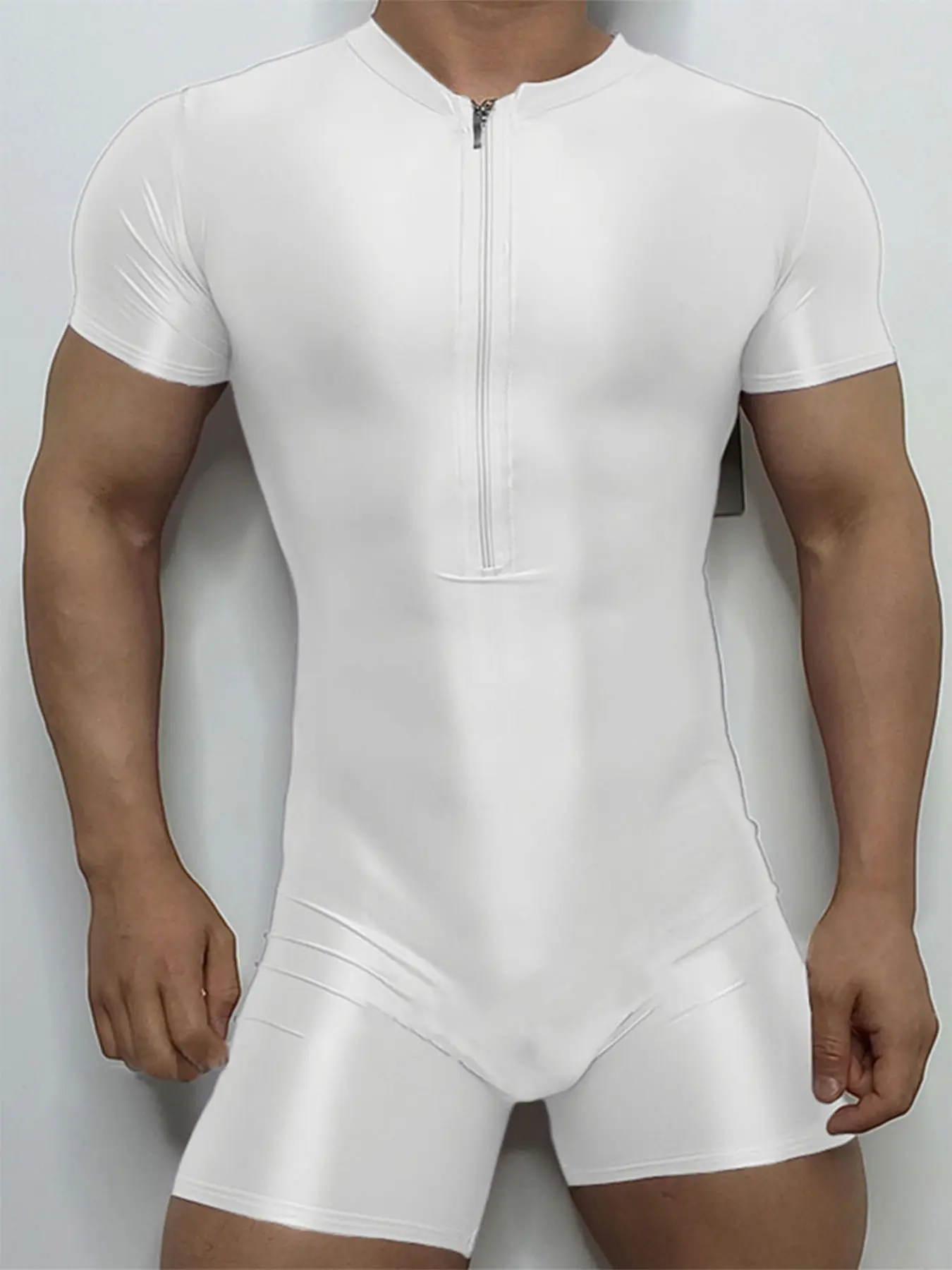 INCERUN Men's Fashion Sexy Solid Color Ice Silk Zipper Tight Fit Briefs Short Sleeve Jumpsuit, Daily Sportswear, Comfortable and Stylish