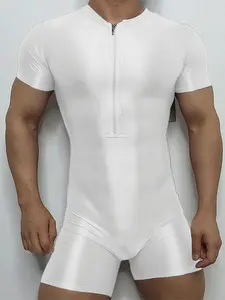 INCERUN Men's Fashion Sexy Solid Color Ice Silk Zipper Tight Fit Briefs Short Sleeve Jumpsuit, Daily Sportswear, Comfortable and Stylish