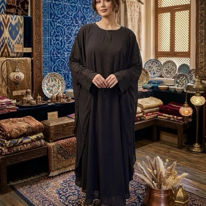 Elegant Black Embroidered Abaya – Turkish Kaftan Maxi Dress (One Size)