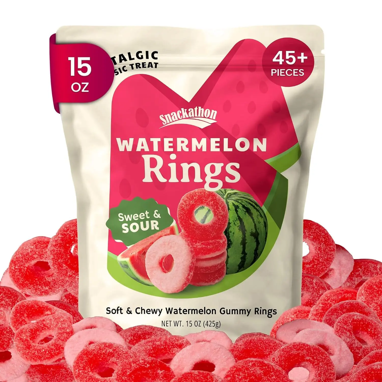 Snackathon Watermelon Rings Gummy Candy, Soft & Chewy Pink Gummies