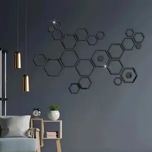 24pcs Glam Style Hexagon 3D Wall Mirror Stickers, Self-Adhesive Acrylic Decals, Polished Finish, Irregular Shape, Home & Bedroom Decor