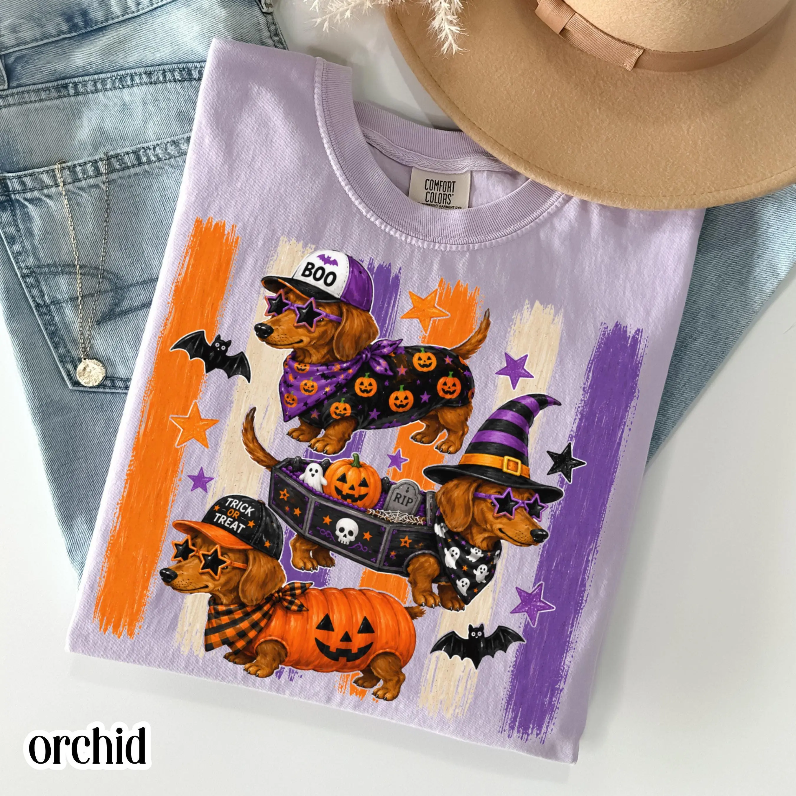 Comfort Colors Dachshund Halloween Shirt, Cute Doxie Pumpkin Costume Graphic Tee, Spooky Wiener Dog T-Shirt, Trick or Treat Fall Dog Lover Gift, Unisex Cotton Tee