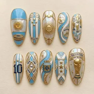 Argentina Flag Press On Nails 3D Football Blue White Gold Soccer Reusable Game Day