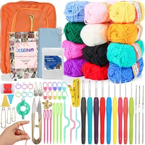 XSEINO Crochet Kit with Step-By-Step Video Tutorials，Premium Bundle Includes 12 Roll X50Yard Acrylic Yarn Balls, 12 Crochet Hooks, Crochet Bag and All Accessories Kit, Crochet Kit for Beginners