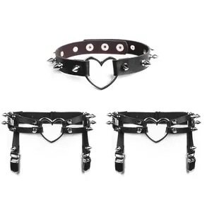 OIDEA Women's Punk Heart Stud 3-Piece Stretchy Garter Choker Set, Adjustable PU Leather Thigh Garter Belt, Chic Matching Costume Accessory for Fit Leg Fashion