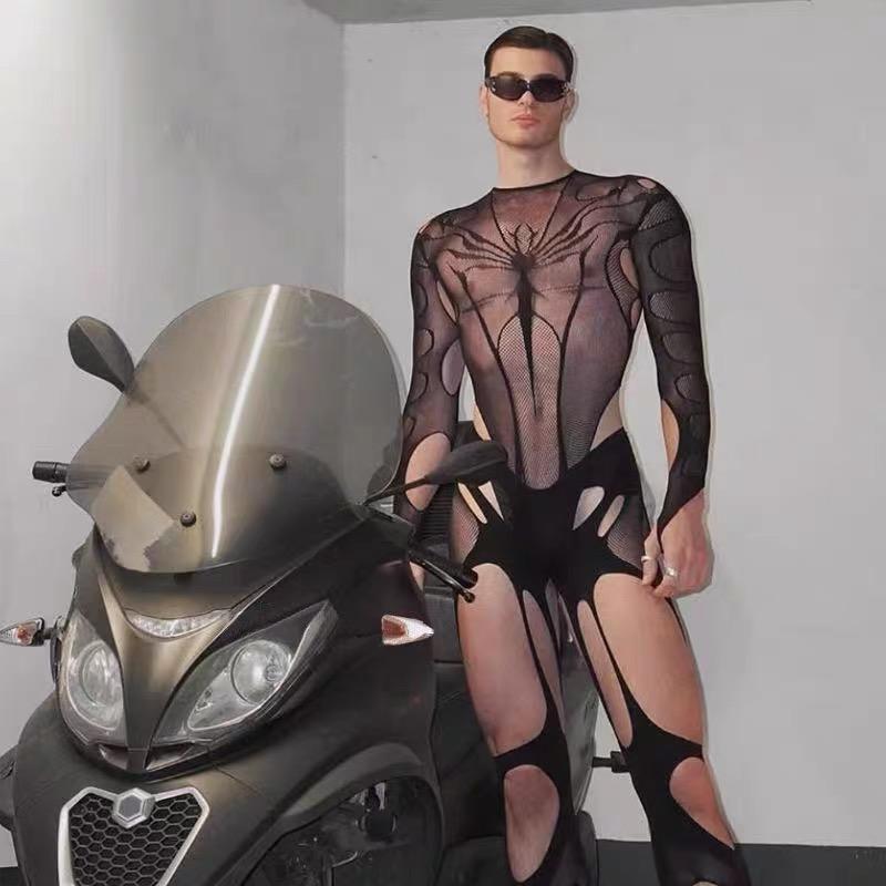 Illussy 2025 Edgy Men's Fishnet Bodysuit with Daring Cut-Outs & Easy-Access Opening. This provocative full-body mesh lingerie is designed to show off your physique, perfect for pride events, parties, or a bold night out. Embrace your confidence