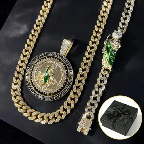 HOLDNEAR 3pcs Iced Out St. Jude Jewelry Set - Rotating Saint Jude Pendant Necklace & Cuban Link Bracelet, Zinc Alloy Religious Catholic Jewelry, Faith Protection Gift for Men & Women, Gift Box Included