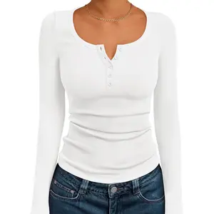 Womens Long Sleeve Henley T Shirts Fall Ribbed Tops Dressy Business Casual Work Teen Girl Winter Cute Basic Tees