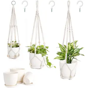 Mkono 3 Pack Macrame Plant Hangers with Pots, 35"/29"/23" Indoor Different Size Hanging Planter Basket Flower Pot Holder with Saucers & Hooks No Tassels (Plastic Pots Included), Medium, Ivory Mkono