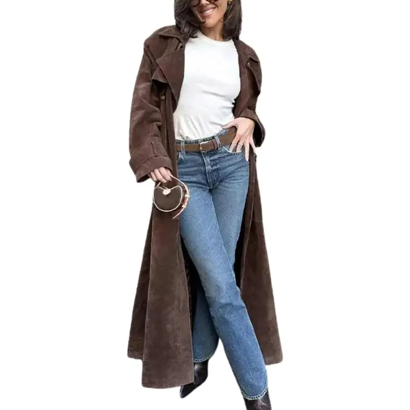 Womens Faux Suede Long Trench Coat Notched Lapel Double Breasted Pea Coat Overcoat with Belt