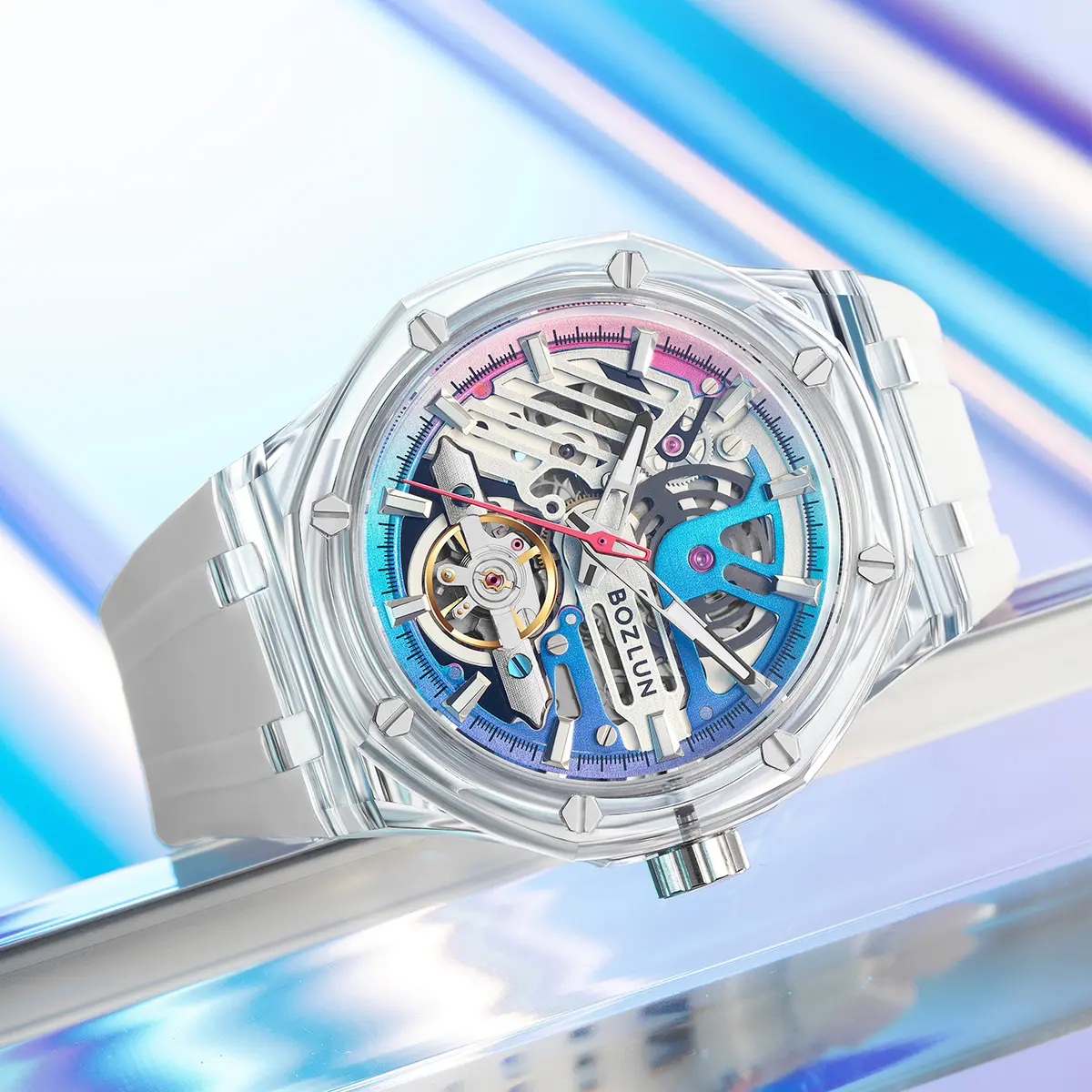 BOZLUN BZ-188 Female Automatic Mechanical Watch - Analog Clock Display, Transparent Acrylic Case, Water-Resistant, White-Pink Heart Silicone Band, ABS, Modern Fashion Wearable Tech Wristwatch, Female Watch