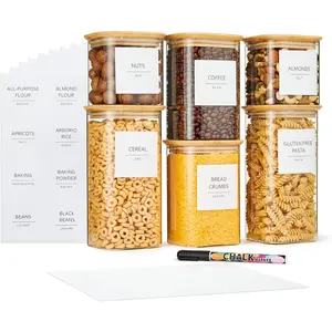 Square Glass  Storage Containers - Airtight & Labeled Glass  Storage Containers - Space-Saving Stackable Square Pantry Jars - Pack of 6, 24/37/51 fl oz