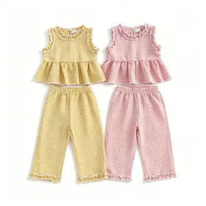 Toddler Baby Girl Summer Outfits Plaid Ruffle Frill Trim Sleeveless Vest Tank Tops Pants Set Clothes 6M-4T