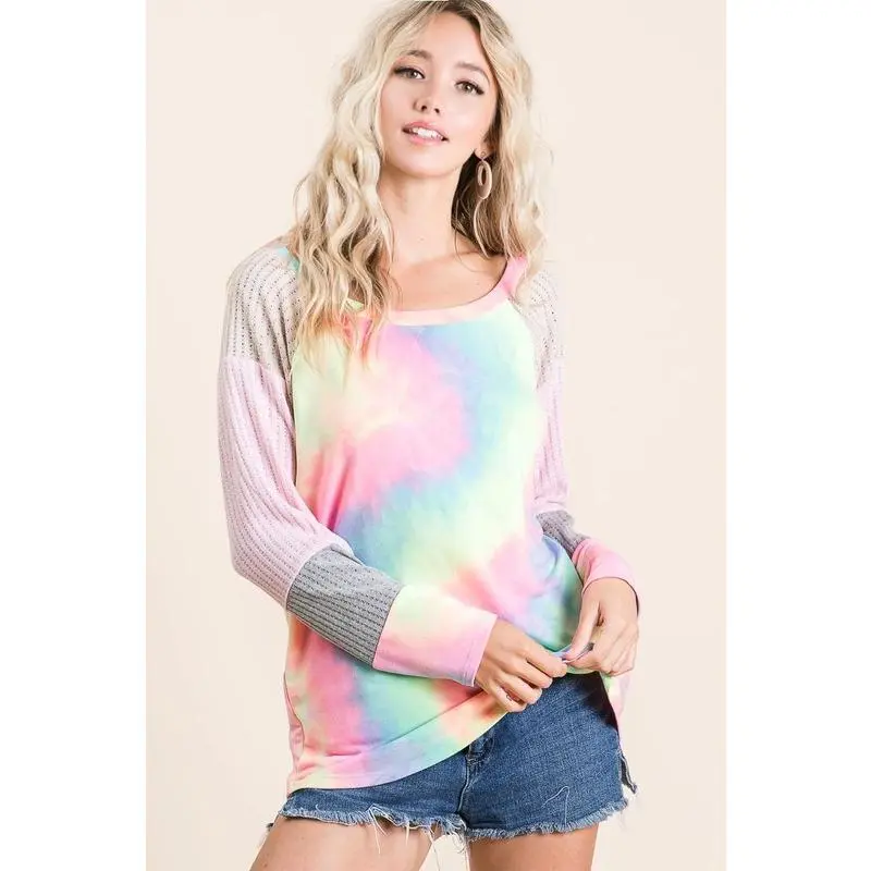 BiBi Tie Dye Terry Top with Color Block Pointelle Knit