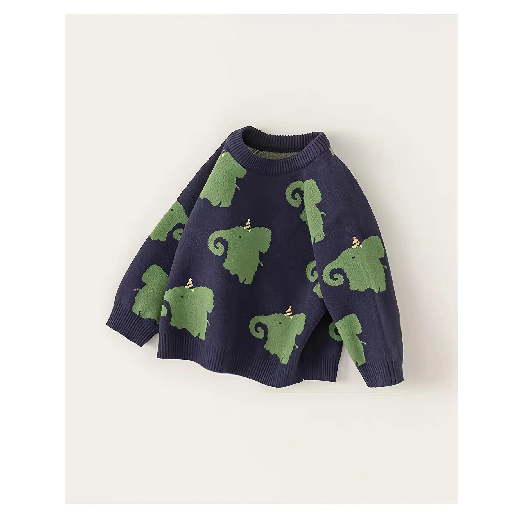 Baby Boys' & Girls' Cozy Knit Sweater with Cute Cartoon Elephant Print Long Sleeve Crew Neck Soft Stretchy Fabric Perfect for Fall Winter Casual Kids' Top Comfortable Kids' Wear