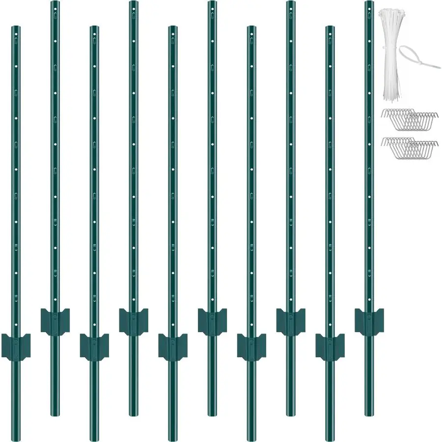 fathersdaygift VEVOR 4 Feet Fence Post, 10 Pack U-Channel Heavy Duty Metal Fence Posts, Sturdy Steel Fence Stakes for Garden Yard, Lawn, Farms and Outdoor Wire Fencing, Green