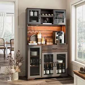 Tall Pantry Cabinet with Glass Doors,Kitchen Hutch Storage Cabinet,Coffee Bar & Liquor Cabinet with Charging Station & LED Lights, Wine Rack, Adjustable Shelves Large Drawer