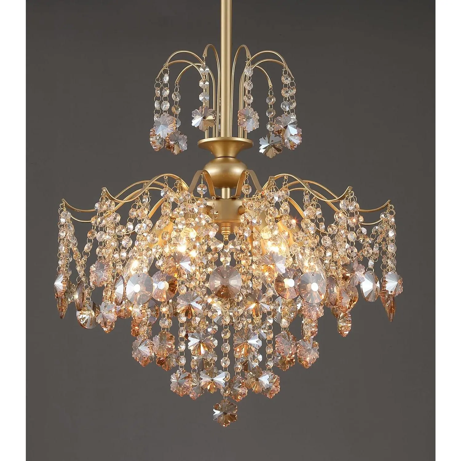 Modern Gold Crystal Chandelier - 6-Light Amber Crystal Pendant Light, UL Listed for Bedroom, Dining Room