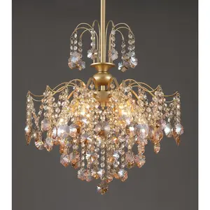 Modern Gold Crystal Chandelier, 6-Light Amber Crystal Pendant Light, UL Listed for Bedroom, Dining Room, Entryway