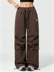 Women's Trendy Brown Corduroy Wide-Leg Cargo Pants – High-Waisted Drawstring Design, Oversized Fit for Casual Streetwear, Embroidered Logo & Adjustable Ankles, Cargo Trousers