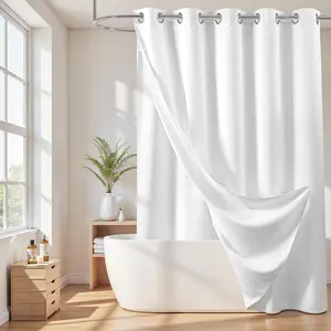 Cotton No Hook Shower with Snap in Liner, Hotel Shower Curtains for, Repellent, White, 71W x74 L