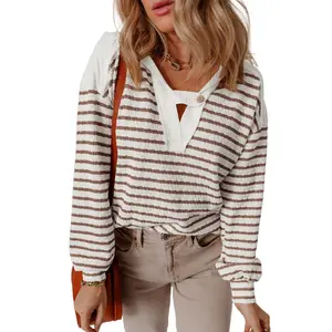 Asvivid Women's Striped Hooded V Neck Casual Long Sleeve Tops - Comfy & Stylish Everyday Wear - Spring Fall Pullover Top with Buttoned Strap Detail