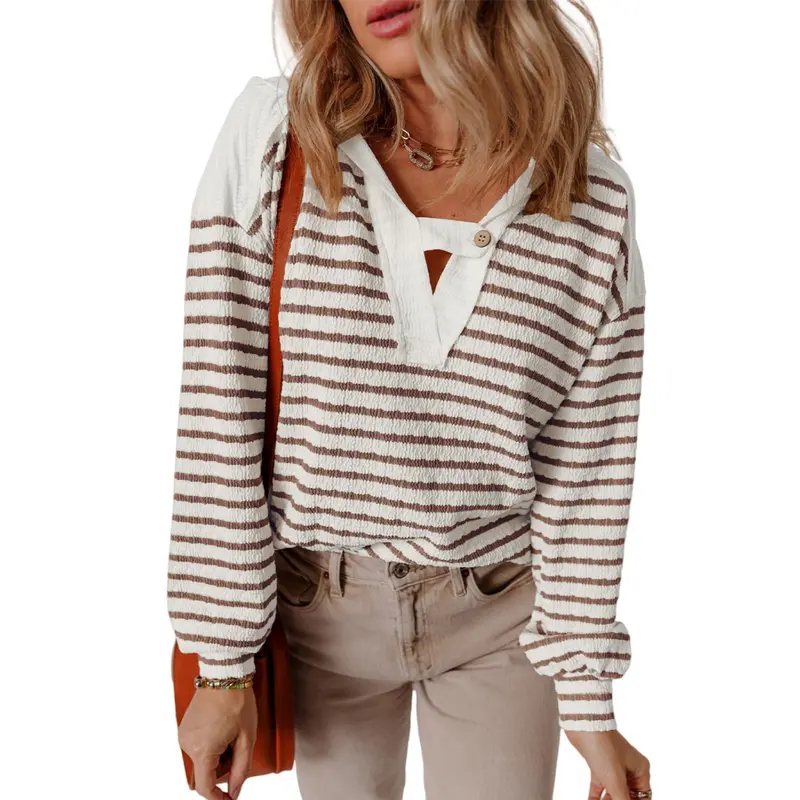 Asvivid Women's Striped Hooded V Neck Casual Long Sleeve Tops - Comfy & Stylish Everyday Wear - Spring Fall Pullover Top with Buttoned Strap Detail