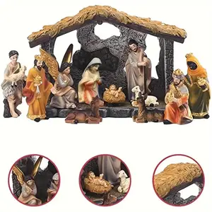 12-Piece Resin Nativity Set, Realistic Manger Scene Figurines, Detailed Indoor Christmas Decorations, Religious Home Decor, Perfect Gift for Religious Families