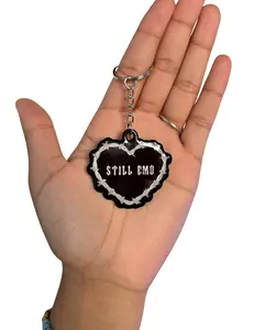 Still Emo Barbed Wire Heart Black Acrylic Keychain Accessory - Compact, Dark Aura, Heart-Shaped Engraved, Miniature, Compact Keychain Keychains